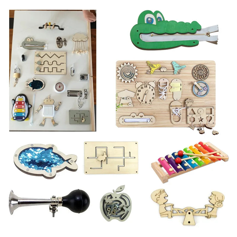 Tablero Montessori Busy Board DIY | Juguete educativo de madera con accesorios sensoriales que estimulan la motricidad fina, la concentración y el aprendizaje práctico. Ideal para que los niños jueguen, exploren y desarrol