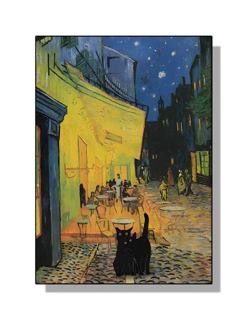 “Lienzo Decorativo Mona Lisa, Noche Estrellada y Girasoles con Gato Negro Divertido | Póster de Arte Famoso para Hogar.”