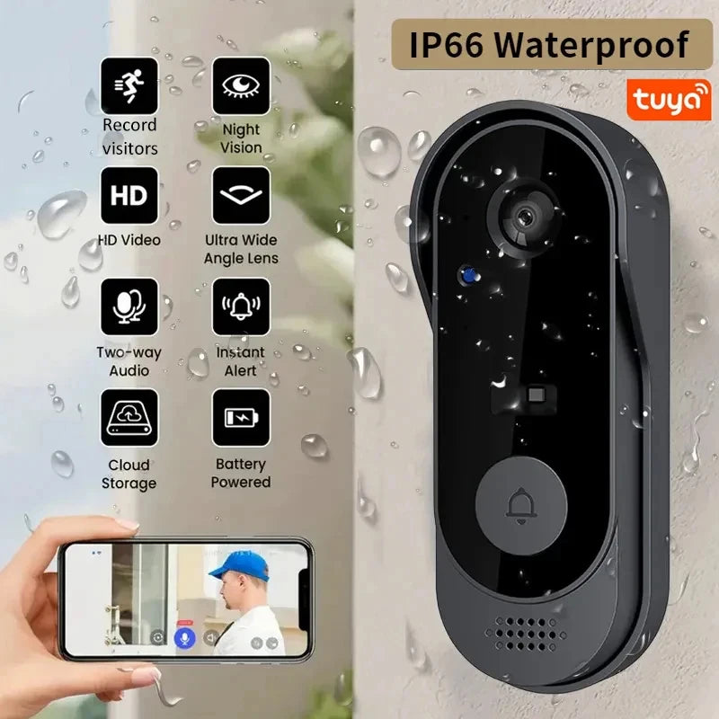 ¡Dale un toque de tecnología avanzada y seguridad a tu entrada! El Timbre Inalámbrico Tuya con cámara HD, Wifi, Intercomunicador de Seguridad, Visión Nocturna y Comunicación Bidireccional. Resistente al agua.