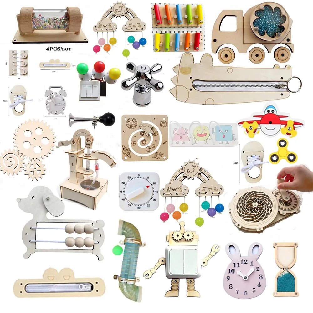 Tablero Montessori Busy Board DIY | Juguete educativo de madera con accesorios sensoriales que estimulan la motricidad fina, la concentración y el aprendizaje práctico. Ideal para que los niños jueguen, exploren y desarrol