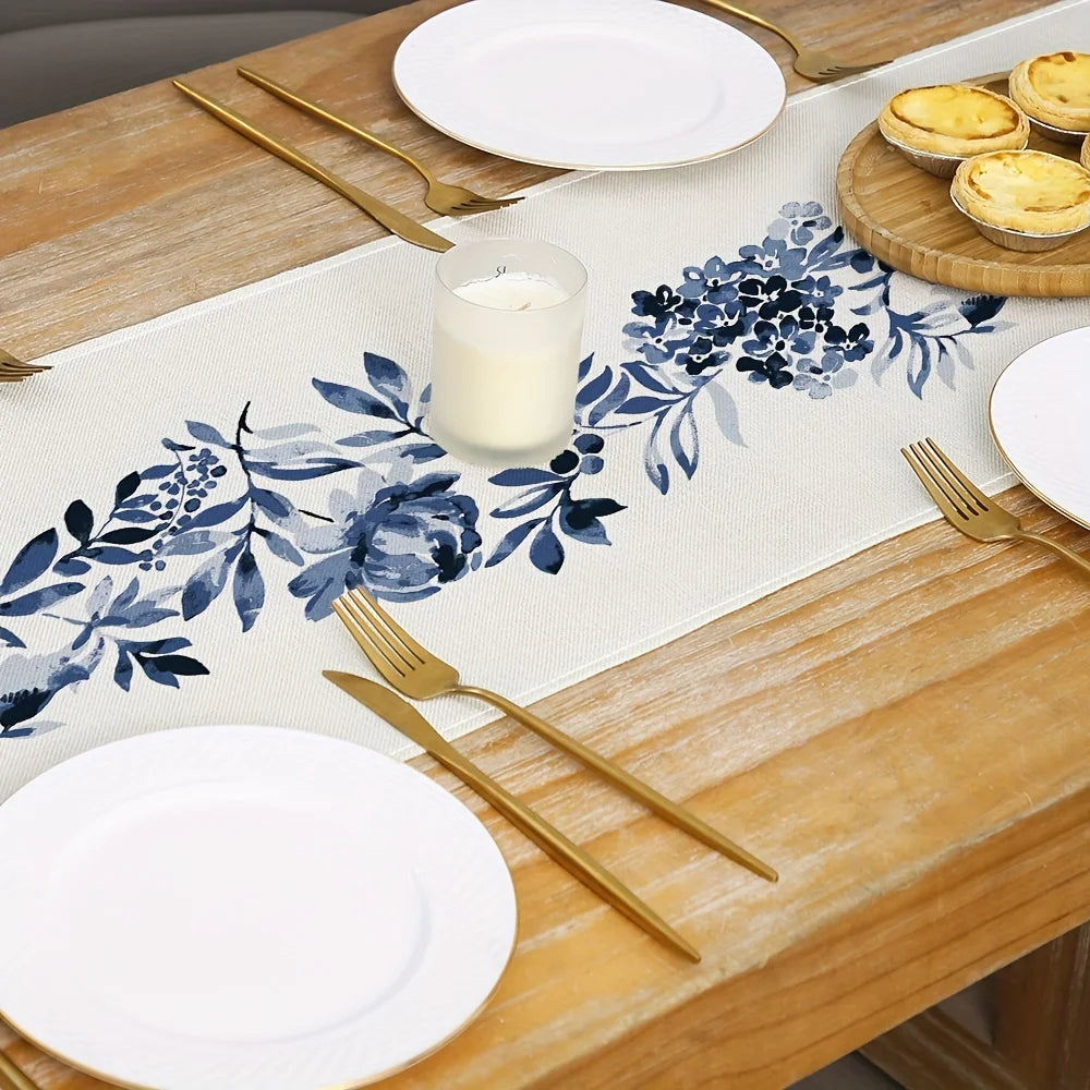 “Camino de Mesa de Lino Boho con Flores Azules | Ideal para Decorar Comedores, Cocinas, Aparadores y Mesas en Bodas, Fiestas o Celebraciones Especiales, Aportando Estilo y Elegancia.”