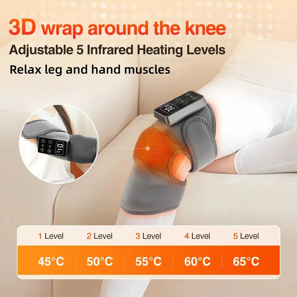 El Masajeador Eléctrico de Rodilla con 3 niveles de vibración y 5 niveles de compresión térmica brinda un masaje profundo que relaja músculos, mejora la circulación y alivia el dolor articular.