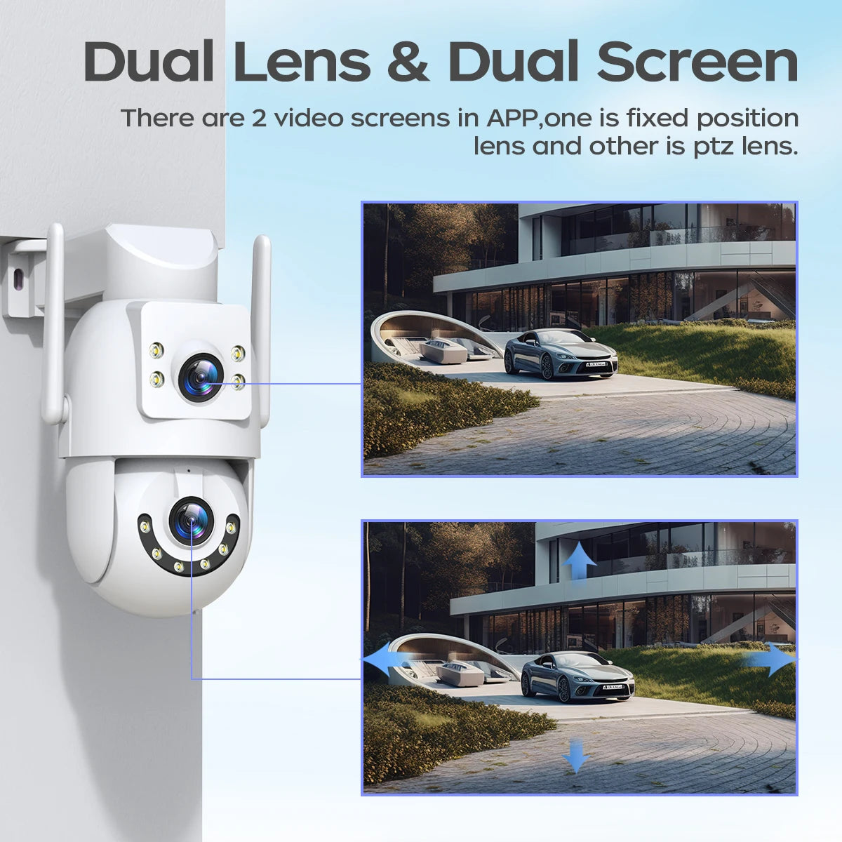 ¡Protege tu hogar o negocio con la última tecnología de vigilancia inteligente! La cámara de seguridad 4K HD PTZ WiFi con doble lente, pantalla dual, y seguimiento automático te ofrece una protección avanzada.