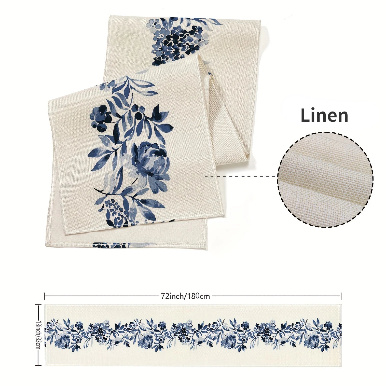 “Camino de Mesa de Lino Boho con Flores Azules | Ideal para Decorar Comedores, Cocinas, Aparadores y Mesas en Bodas, Fiestas o Celebraciones Especiales, Aportando Estilo y Elegancia.”