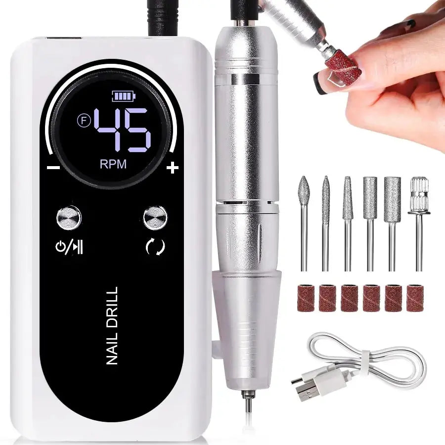 Torno Eléctrico Portátil Profesional 45.000 RPM | Potente, recargable y de bajo ruido. Ideal para manicura y pedicura, permite limar, pulir y retirar gel o acrílico con precisión.