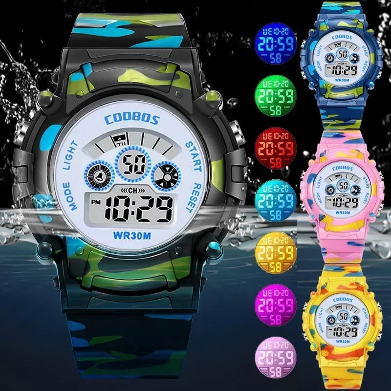 Relojes digitales militares para niños, resistente al agua, luminoso, LED, alarma, deportivo.