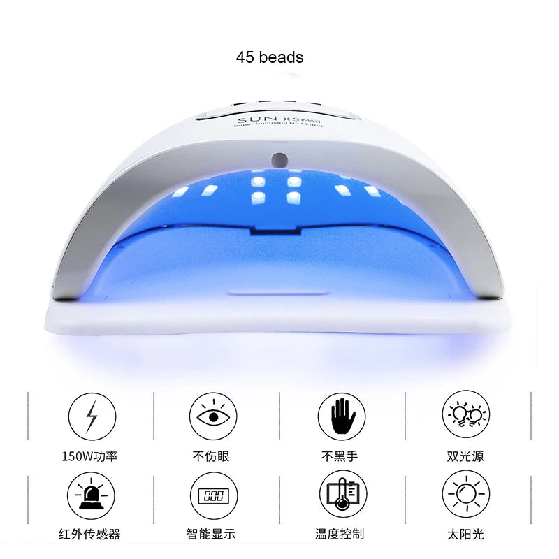 La lámpara SUNX5Max 150W UV LED es la herramienta perfecta para un secado rápido y profesional de uñas en gel. Con 45 LEDs de alta potencia, garantiza un acabado uniforme, brillante y duradero,