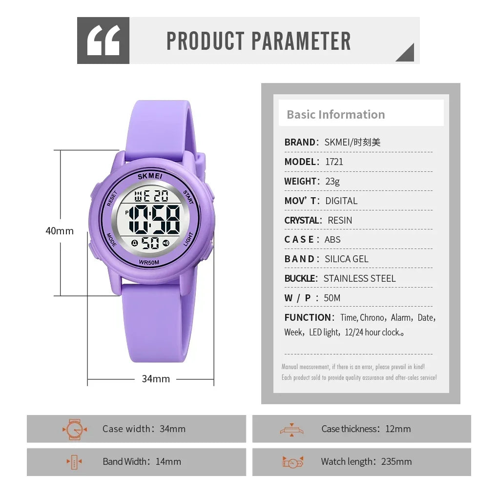 Reloj de pulsera digital LED de colores, resistente al agua, con alarma, deportivo, para niños y niñas.