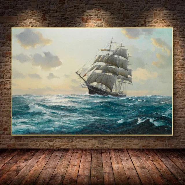 “Pintura en Lienzo de Paisaje Marino Moderno | Velero Navegando en las Olas, Impresión en Póster de Alta Calidad para decorar paredes y aportar frescura y elegancia a tu sala de estar o cualquier espacio del hogar.”