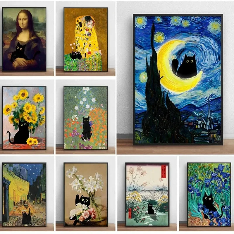 “Lienzo Decorativo Mona Lisa, Noche Estrellada y Girasoles con Gato Negro Divertido | Póster de Arte Famoso para Hogar.”