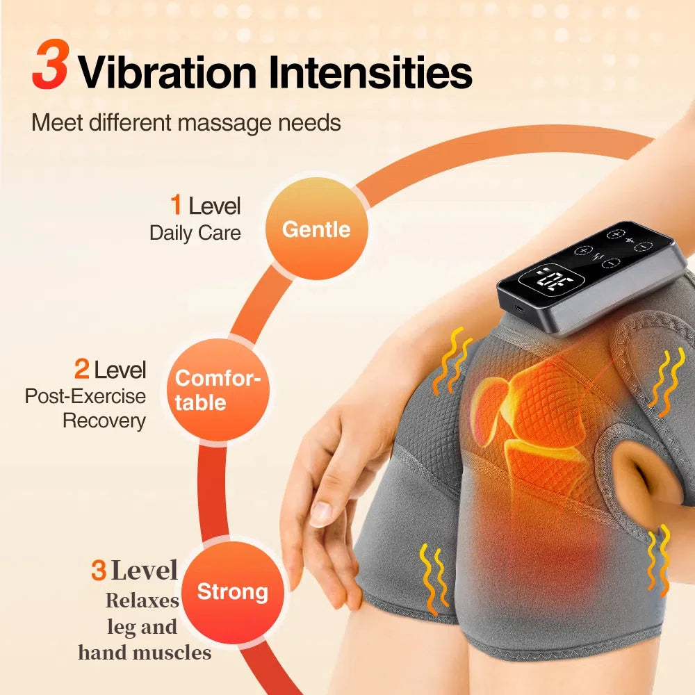 El Masajeador Eléctrico de Rodilla con 3 niveles de vibración y 5 niveles de compresión térmica brinda un masaje profundo que relaja músculos, mejora la circulación y alivia el dolor articular.