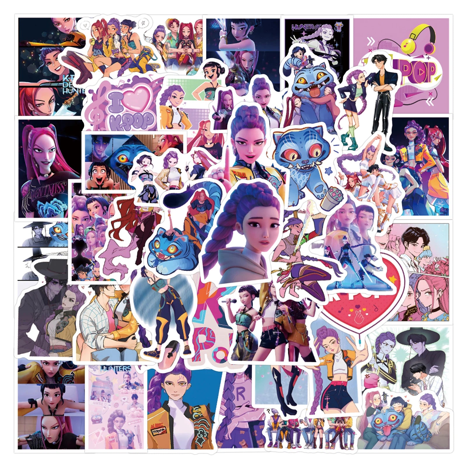Set de 55 Stickers Anime K-Pop Demon Hunters | Pegatinas resistentes al agua para scrapbooking, decoración de teléfonos, maletas, patinetas y más. Perfectas para personalizar objetos y expresar estilo, ideales para fans qu