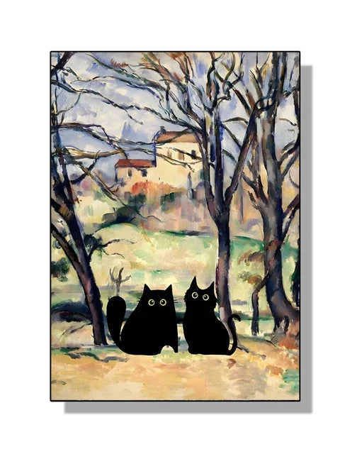 “Lienzo Decorativo Mona Lisa, Noche Estrellada y Girasoles con Gato Negro Divertido | Póster de Arte Famoso para Hogar.”