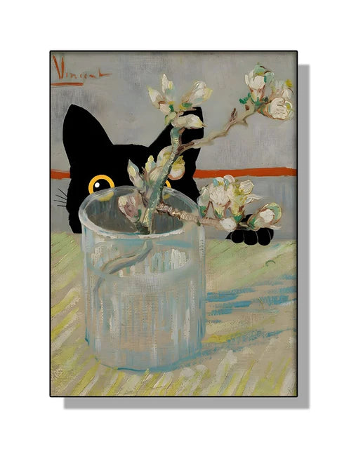 “Lienzo Decorativo Mona Lisa, Noche Estrellada y Girasoles con Gato Negro Divertido | Póster de Arte Famoso para Hogar.”