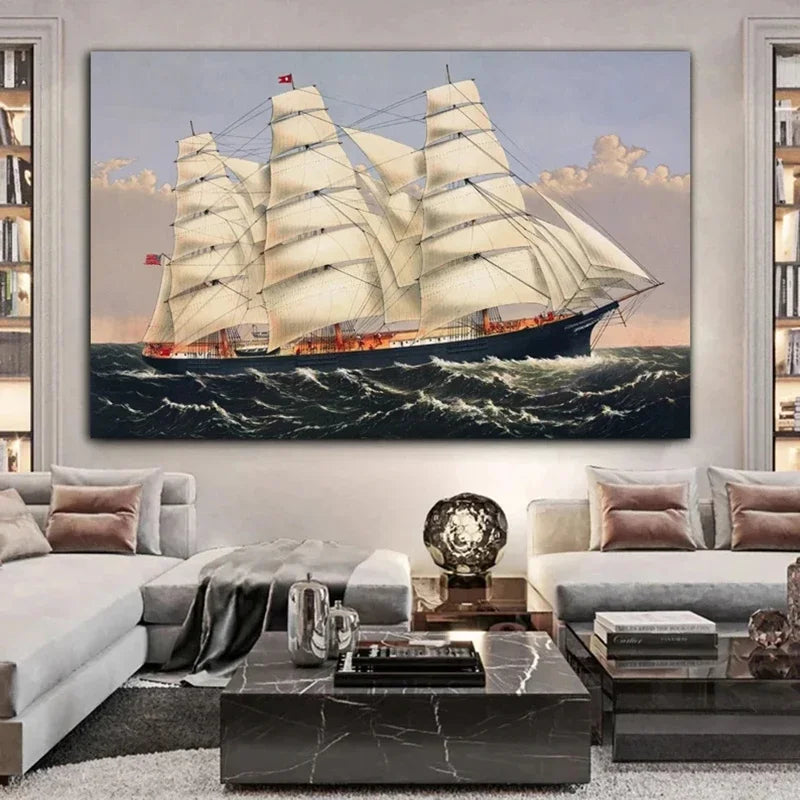 “Pintura en Lienzo de Paisaje Marino Moderno | Velero Navegando en las Olas, Impresión en Póster de Alta Calidad para decorar paredes y aportar frescura y elegancia a tu sala de estar o cualquier espacio del hogar.”