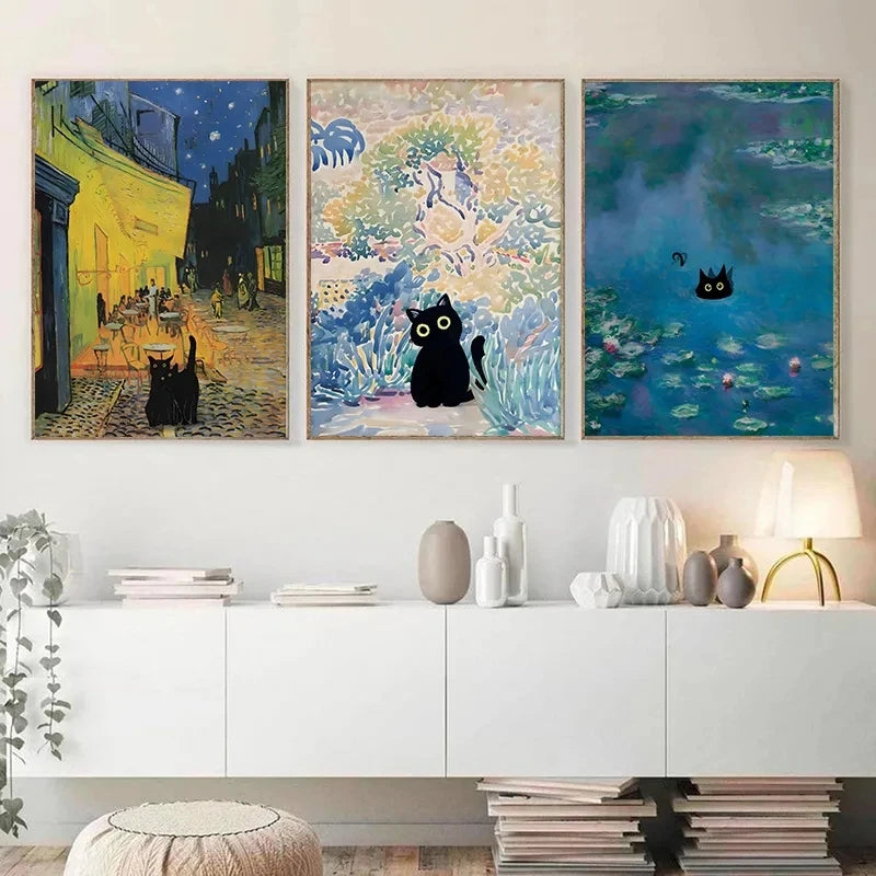 “Lienzo Decorativo Mona Lisa, Noche Estrellada y Girasoles con Gato Negro Divertido | Póster de Arte Famoso para Hogar.”
