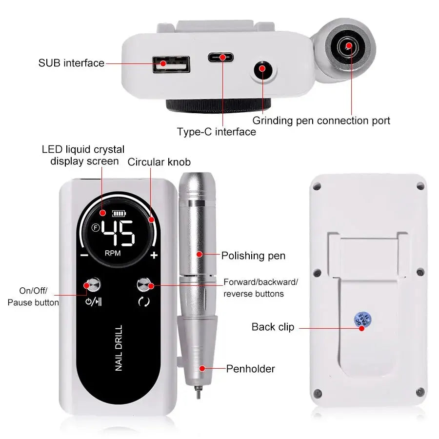 Torno Eléctrico Portátil Profesional 45.000 RPM | Potente, recargable y de bajo ruido. Ideal para manicura y pedicura, permite limar, pulir y retirar gel o acrílico con precisión.