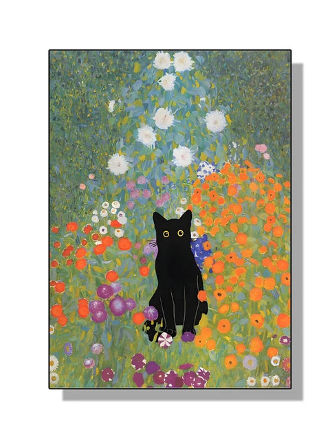 “Lienzo Decorativo Mona Lisa, Noche Estrellada y Girasoles con Gato Negro Divertido | Póster de Arte Famoso para Hogar.”