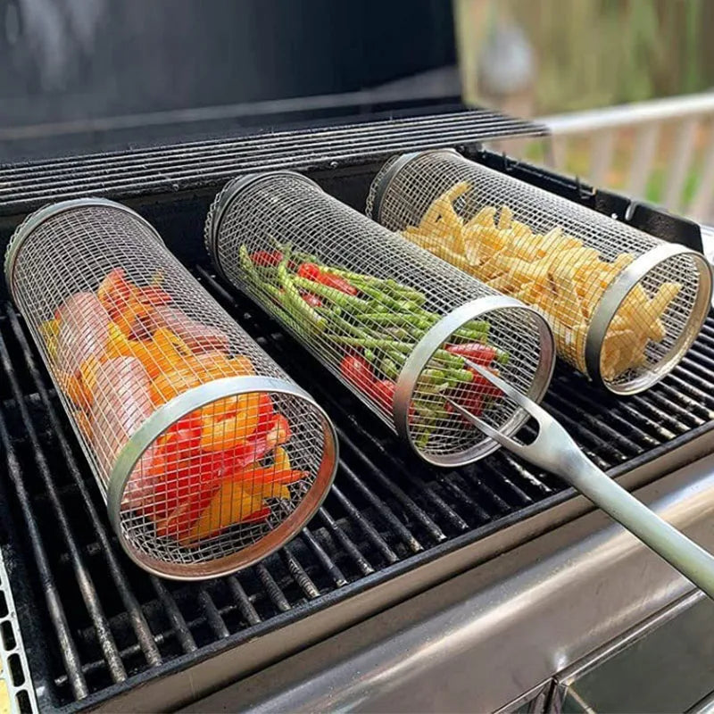 “Cesta de Parrilla Cilíndrica de Acero Inoxidable | Malla de Alambre Duradera, Ideal para Asar en BBQ, Camping y Actividades al Aire Libre. Portátil y Fácil de Usar.”