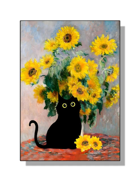 “Lienzo Decorativo Mona Lisa, Noche Estrellada y Girasoles con Gato Negro Divertido | Póster de Arte Famoso para Hogar.”