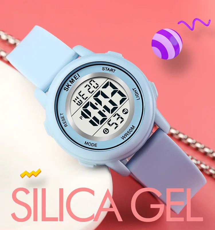 Reloj de pulsera digital LED de colores, resistente al agua, con alarma, deportivo, para niños y niñas.