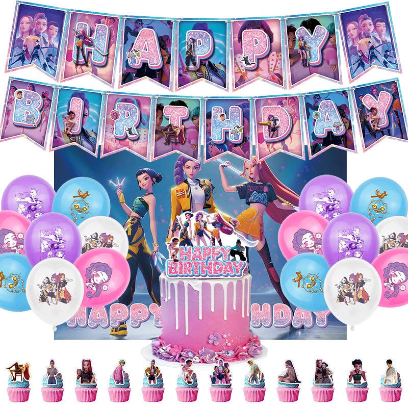 Set de Decoración de Fiesta K-Pop Demon Hunters | Incluye banner, globos, platos y mantel temático estilo anime coreano. Perfecto para cumpleaños y celebraciones, creando un ambiente divertido y único para fans del K-Pop.