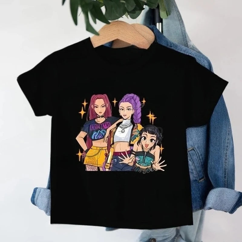 Camiseta Infantil K-Pop Demon Hunters | Top casual con estampado de la película 2025, cuello redondo y diseño divertido estilo caricatura. Perfecta para niñas y niños, cómoda para el día a día y fanáticos del K-Pop qu