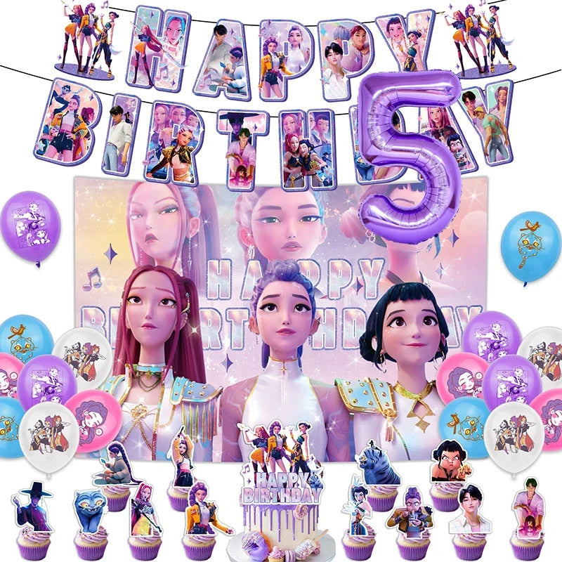 Set de Decoración de Fiesta K-Pop Demon Hunters | Incluye banner, globos, platos y mantel temático estilo anime coreano. Perfecto para cumpleaños y celebraciones, creando un ambiente divertido y único para fans del K-Pop.