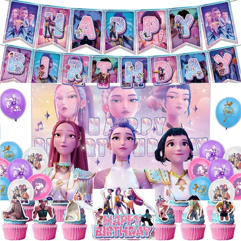 Set de Decoración de Fiesta K-Pop Demon Hunters | Incluye banner, globos, platos y mantel temático estilo anime coreano. Perfecto para cumpleaños y celebraciones, creando un ambiente divertido y único para fans del K-Pop.