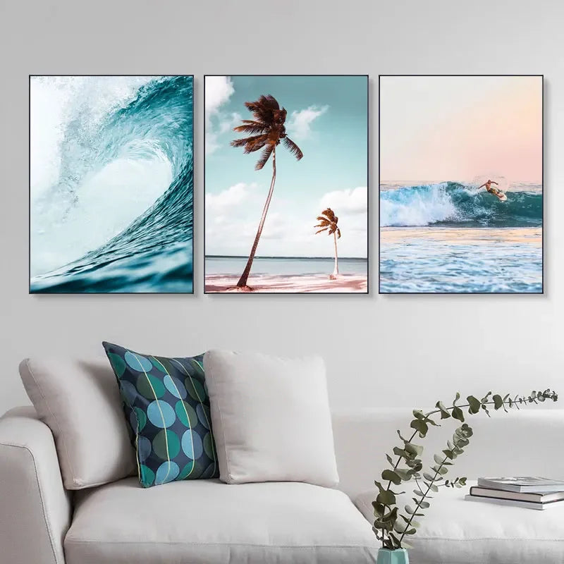 “Lienzo Decorativo Atardecer en la Costa | Pintura de Paisaje Marino con Olas y Surf, Impresión en Póster de Océano para Pared, Arte Natural para Sala de Estar y Hogar.”