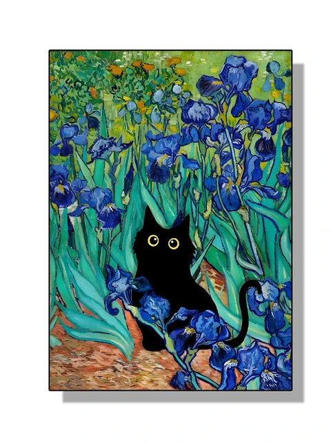 “Lienzo Decorativo Mona Lisa, Noche Estrellada y Girasoles con Gato Negro Divertido | Póster de Arte Famoso para Hogar.”