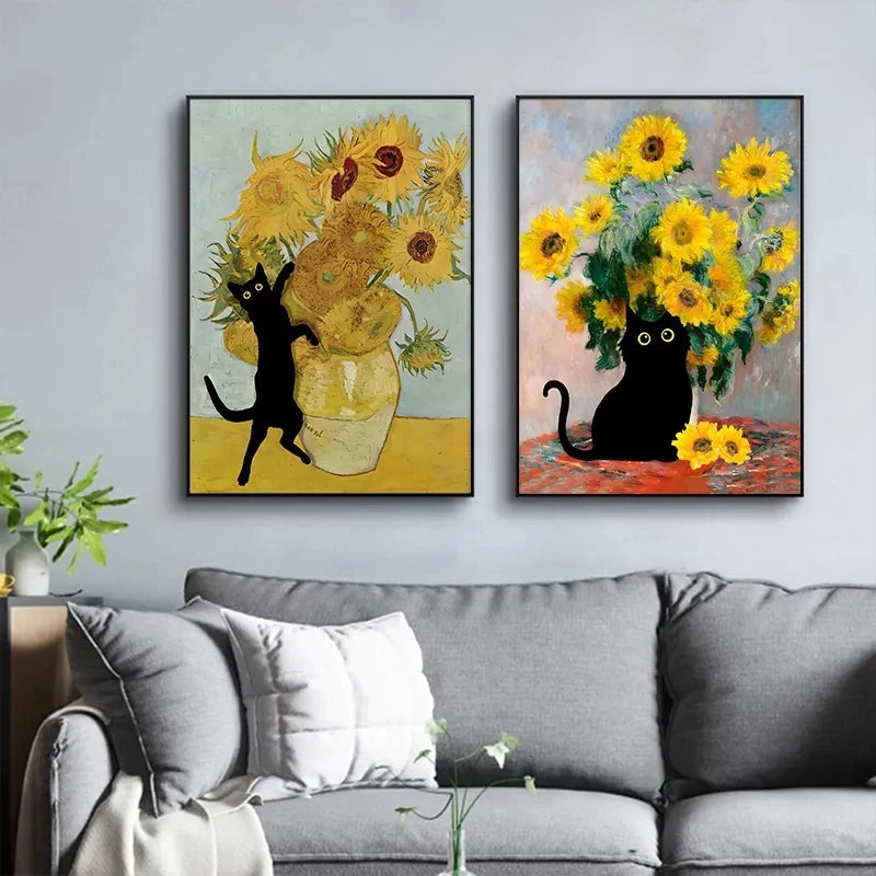 “Lienzo Decorativo Mona Lisa, Noche Estrellada y Girasoles con Gato Negro Divertido | Póster de Arte Famoso para Hogar.”