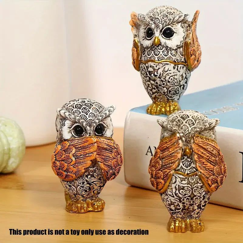 “Juego de 3 Figuras de Búho en Resina | Decoración Artesanal para Diferentes Tipos de Habitaciones, Ideal para Uso Interior.