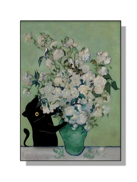 “Lienzo Decorativo Mona Lisa, Noche Estrellada y Girasoles con Gato Negro Divertido | Póster de Arte Famoso para Hogar.”