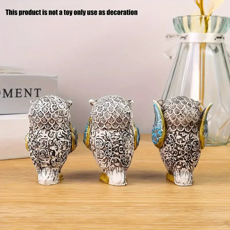 “Juego de 3 Figuras de Búho en Resina | Decoración Artesanal para Diferentes Tipos de Habitaciones, Ideal para Uso Interior.