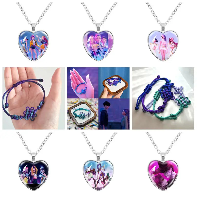 Collar y Pulsera Anime K-Pop Demon Hunters | Juego de accesorios con diseño de corazón, ideal para niñas y mujeres fanáticas del K-Pop. Perfecto para completar tu look, regalar o coleccionar, combinando estilo moderno y d
