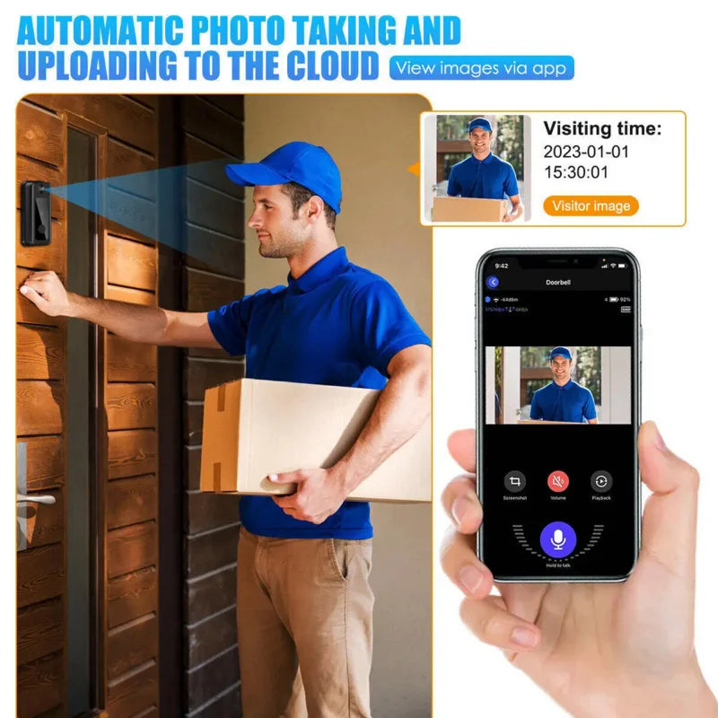 ¡Dale un toque de tecnología avanzada y seguridad a tu entrada! El Timbre Inalámbrico Tuya con cámara HD, Wifi, Intercomunicador de Seguridad, Visión Nocturna y Comunicación Bidireccional. Resistente al agua.