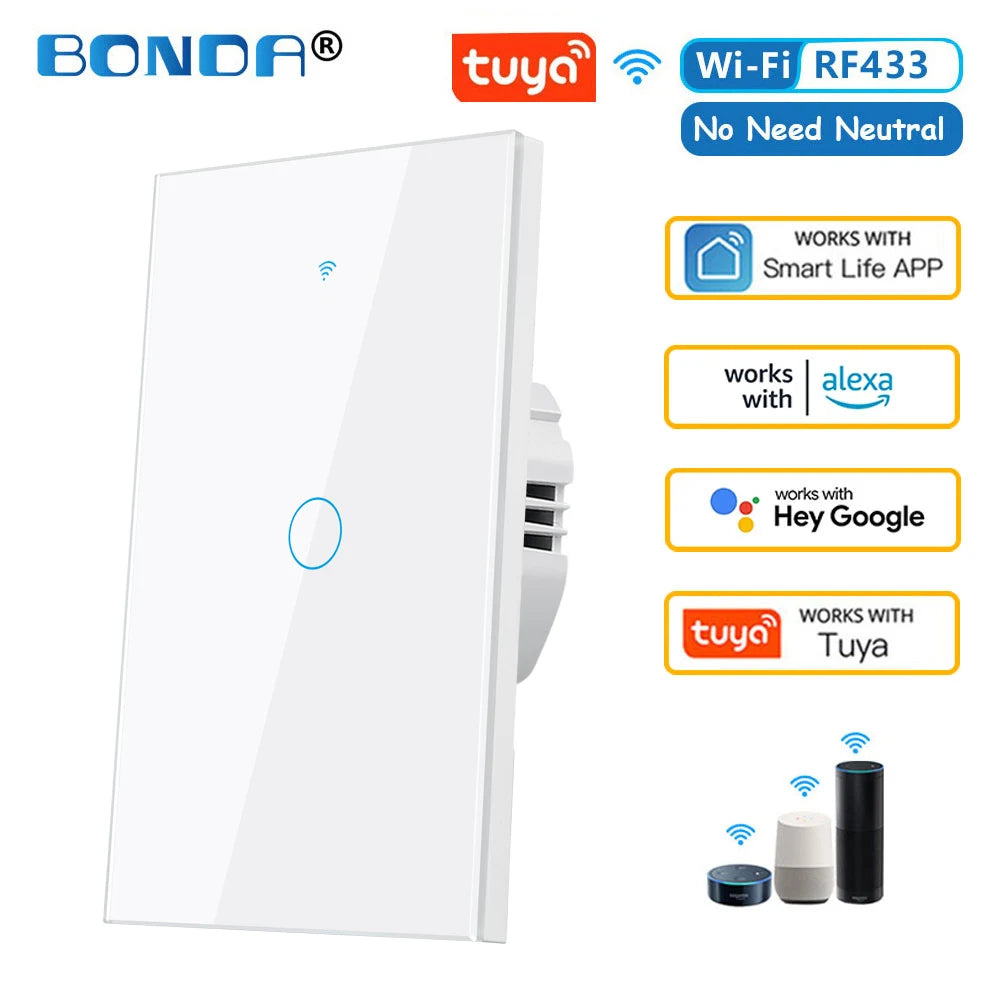 ¡Transforma tu hogar en un espacio inteligente y cómodo con un solo toque! El interruptor de pared inteligente Tuya, WiFi RF433 – 1/2/3 Gang Sin Cable Neutro con Sensor Táctil y Control por Alexa y Google Home