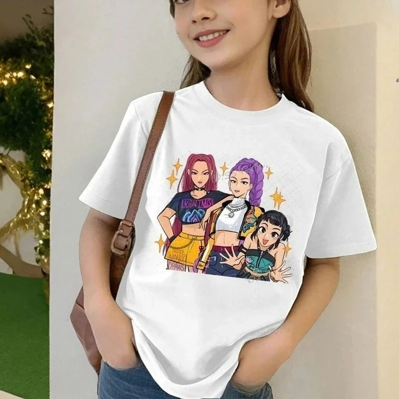 Camiseta Infantil K-Pop Demon Hunters | Top casual con estampado de la película 2025, cuello redondo y diseño divertido estilo caricatura. Perfecta para niñas y niños, cómoda para el día a día y fanáticos del K-Pop qu