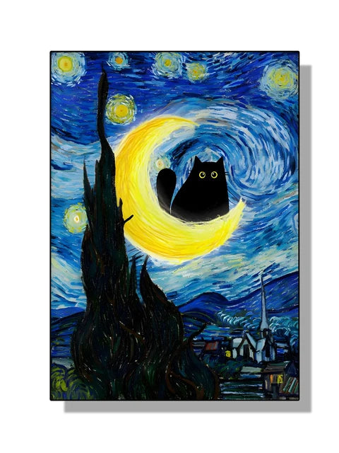 “Lienzo Decorativo Mona Lisa, Noche Estrellada y Girasoles con Gato Negro Divertido | Póster de Arte Famoso para Hogar.”