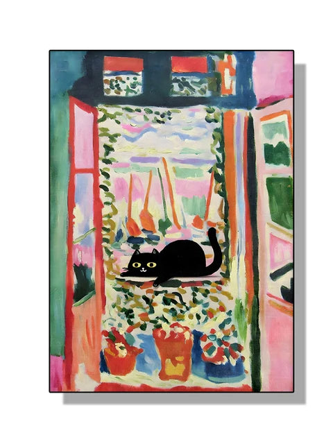 “Lienzo Decorativo Mona Lisa, Noche Estrellada y Girasoles con Gato Negro Divertido | Póster de Arte Famoso para Hogar.”