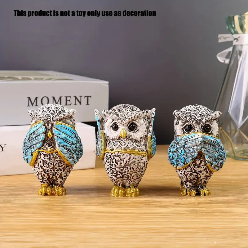 “Juego de 3 Figuras de Búho en Resina | Decoración Artesanal para Diferentes Tipos de Habitaciones, Ideal para Uso Interior.
