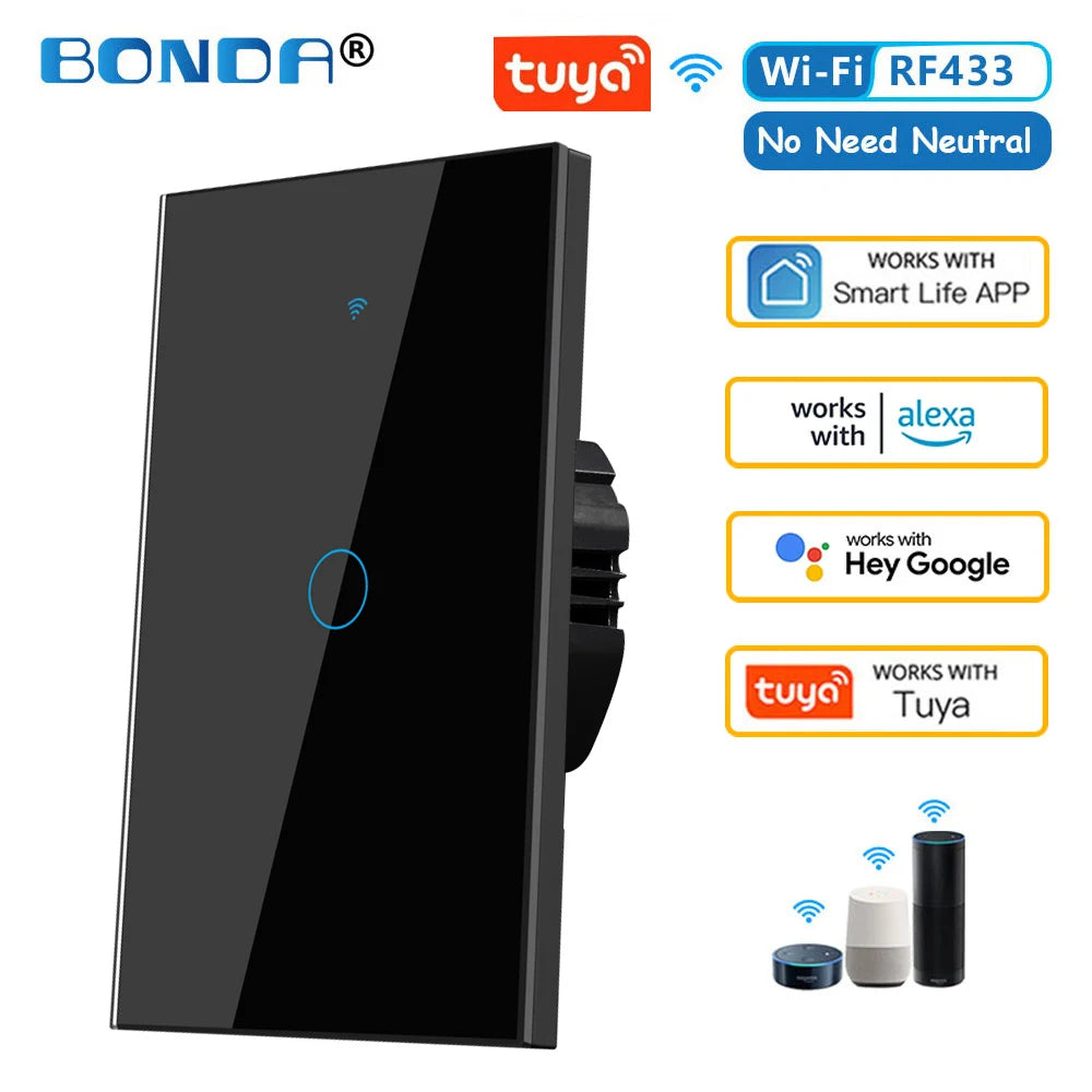 ¡Transforma tu hogar en un espacio inteligente y cómodo con un solo toque! El interruptor de pared inteligente Tuya, WiFi RF433 – 1/2/3 Gang Sin Cable Neutro con Sensor Táctil y Control por Alexa y Google Home