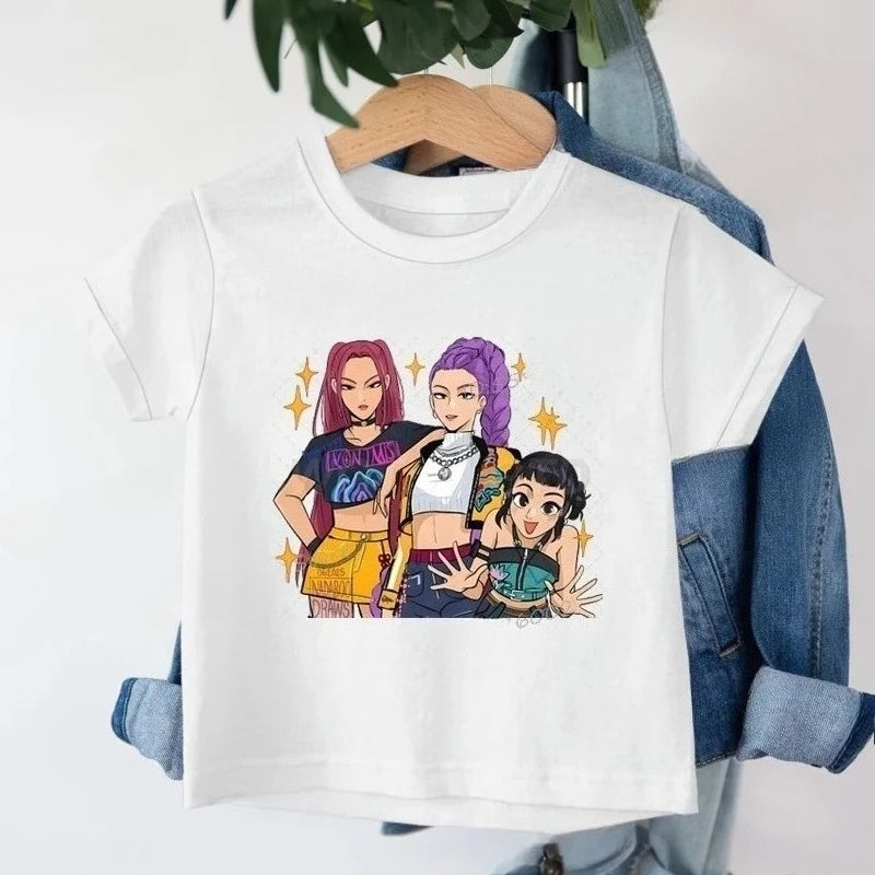 Camiseta Infantil K-Pop Demon Hunters | Top casual con estampado de la película 2025, cuello redondo y diseño divertido estilo caricatura. Perfecta para niñas y niños, cómoda para el día a día y fanáticos del K-Pop qu
