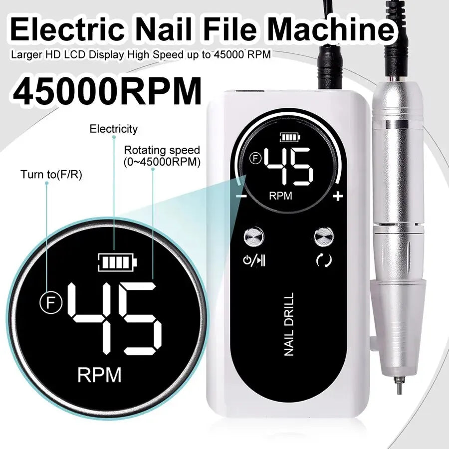 Torno Eléctrico Portátil Profesional 45.000 RPM | Potente, recargable y de bajo ruido. Ideal para manicura y pedicura, permite limar, pulir y retirar gel o acrílico con precisión.
