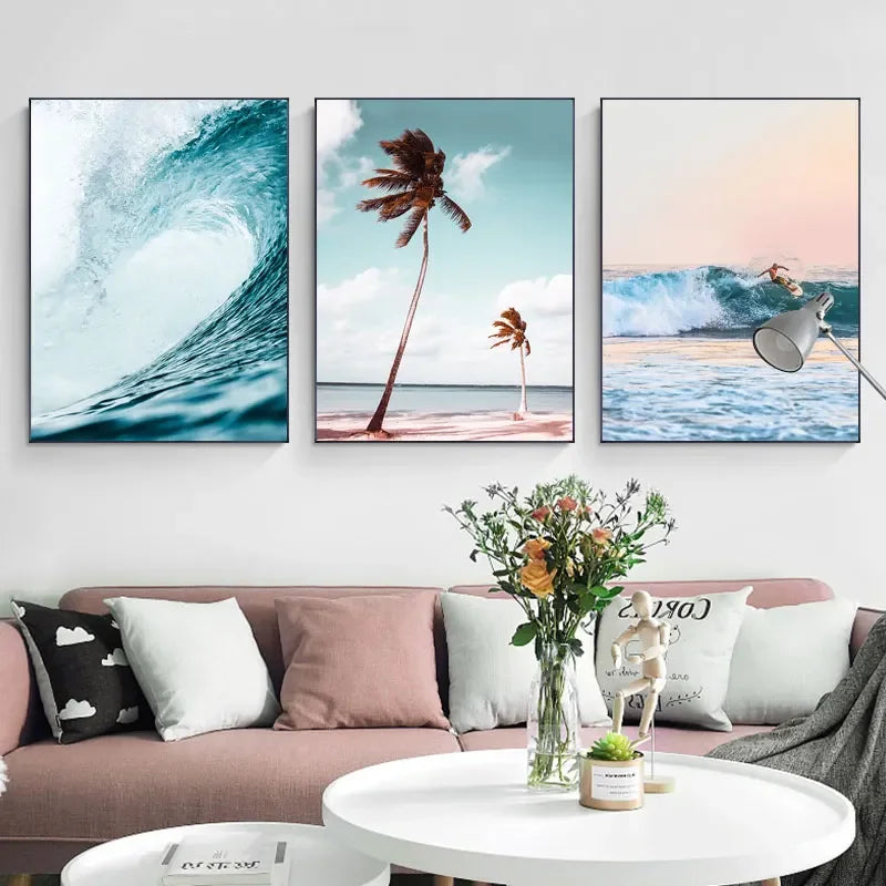 “Lienzo Decorativo Atardecer en la Costa | Pintura de Paisaje Marino con Olas y Surf, Impresión en Póster de Océano para Pared, Arte Natural para Sala de Estar y Hogar.”