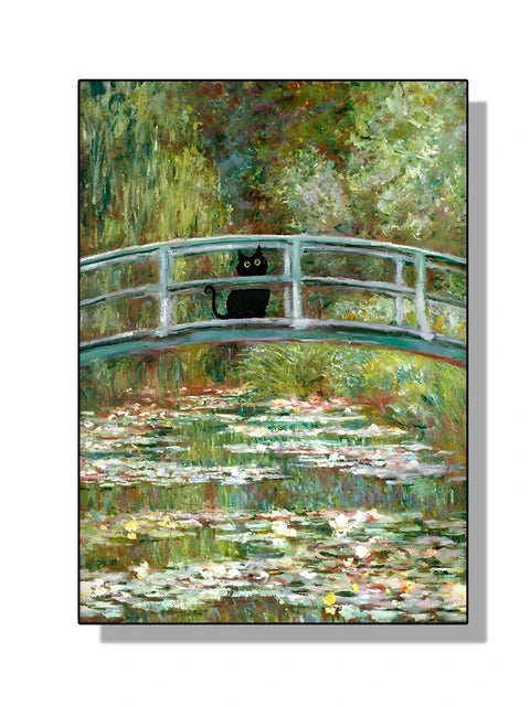 “Lienzo Decorativo Mona Lisa, Noche Estrellada y Girasoles con Gato Negro Divertido | Póster de Arte Famoso para Hogar.”