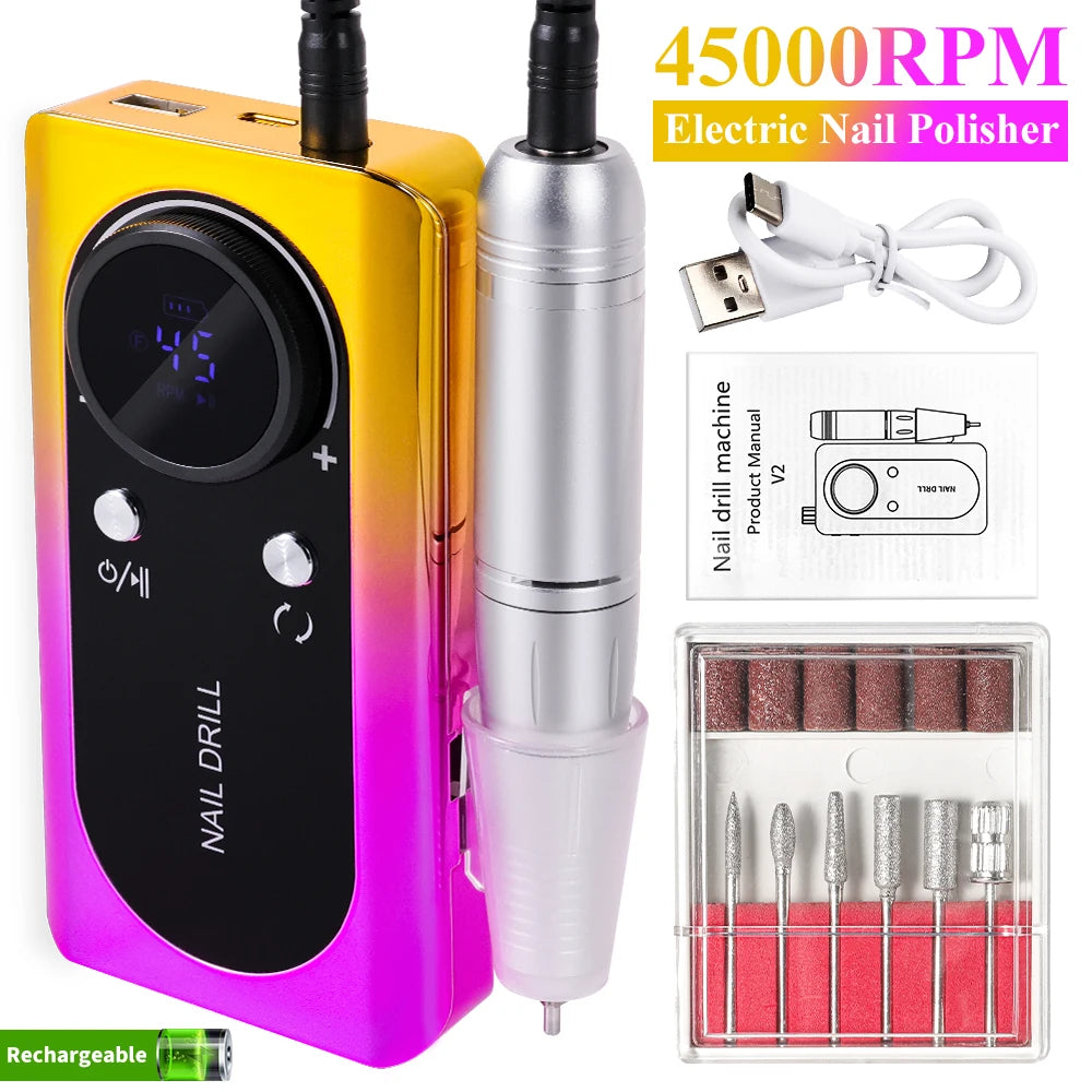 Torno Eléctrico Portátil Profesional 45.000 RPM | Potente, recargable y de bajo ruido. Ideal para manicura y pedicura, permite limar, pulir y retirar gel o acrílico con precisión.