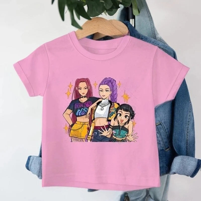 Camiseta Infantil K-Pop Demon Hunters | Top casual con estampado de la película 2025, cuello redondo y diseño divertido estilo caricatura. Perfecta para niñas y niños, cómoda para el día a día y fanáticos del K-Pop qu