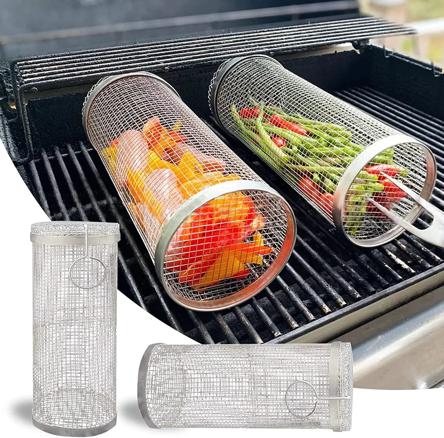“Cesta de Parrilla Cilíndrica de Acero Inoxidable | Malla de Alambre Duradera, Ideal para Asar en BBQ, Camping y Actividades al Aire Libre. Portátil y Fácil de Usar.”